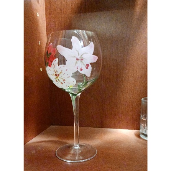 9" Goblet HAND PAINTED WINE GLASS Tropical Asian Lilly Flowers - Picture 13 of 14